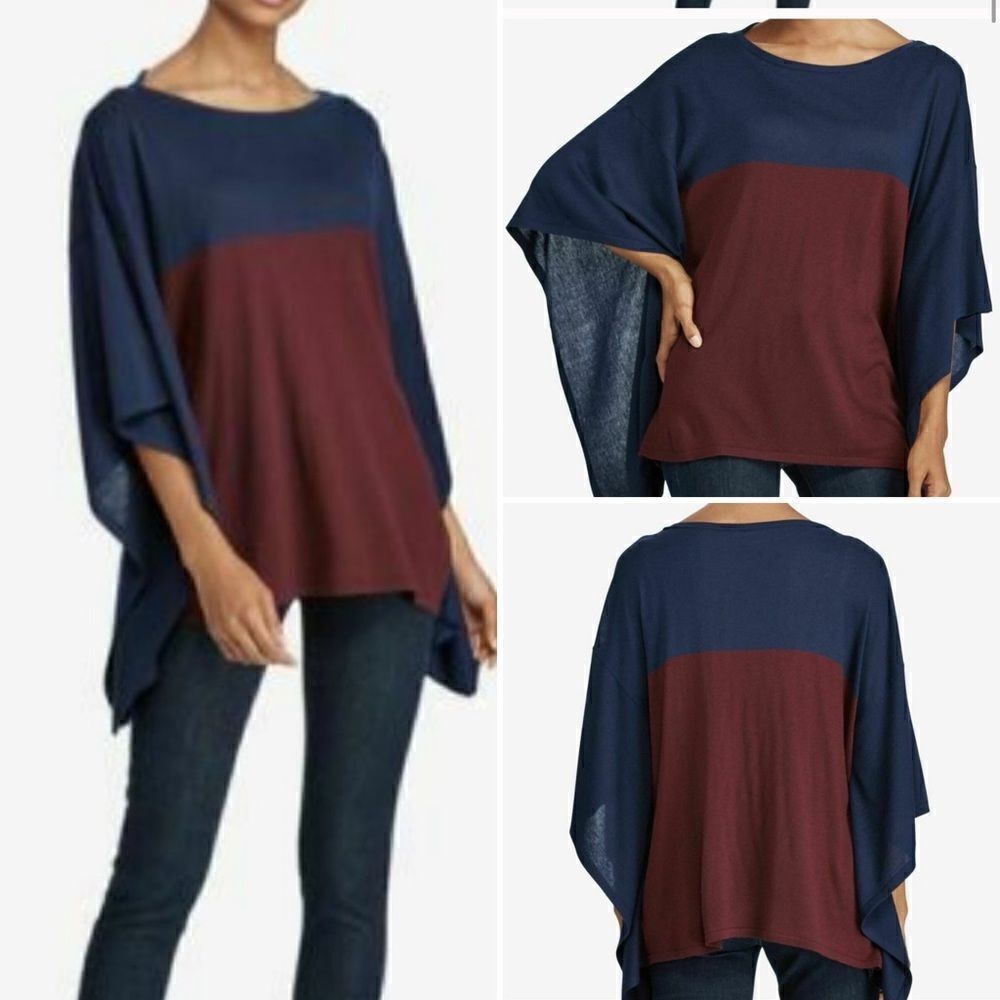 LAUREN Ralph Lauren Maroon and Navy Poncho Sweater